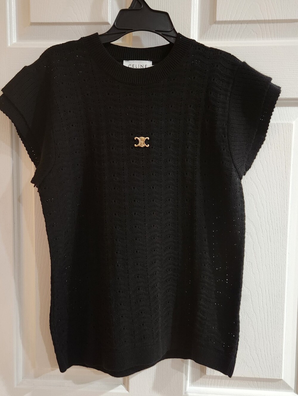 CELINE Black Triomphe Pointelle Short Flutter Sleeve Sweater Size L Cotton
